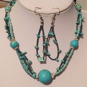Turquoise Stone Bead Necklace Earring Set
